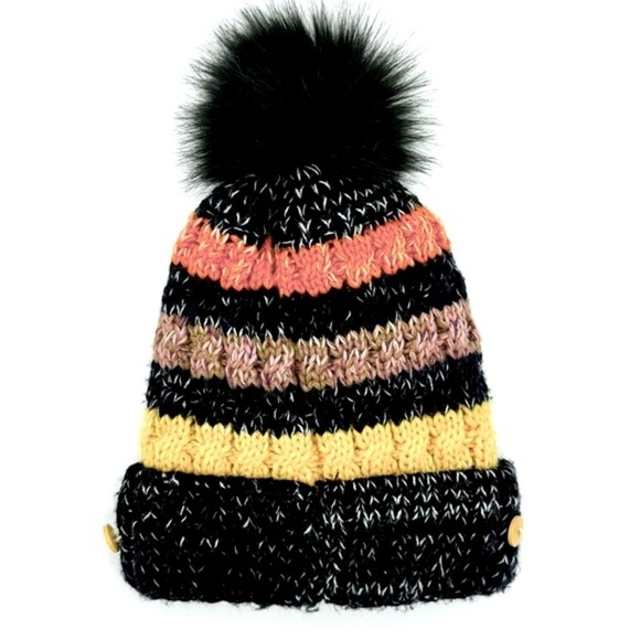 Cozy Zone Black Furball Beanie Pom Pom‎ Colorful Stripes, O/S - Picture 4 of 6